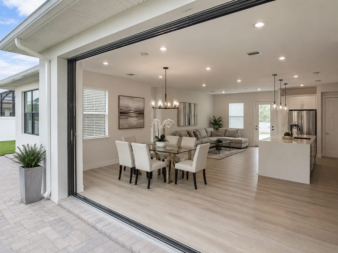 Room addition by Acosta Builders — a pocketing slider opened onto the lanai from a combined dining, living, and kitchen space, with flooring running unbroken through the joint