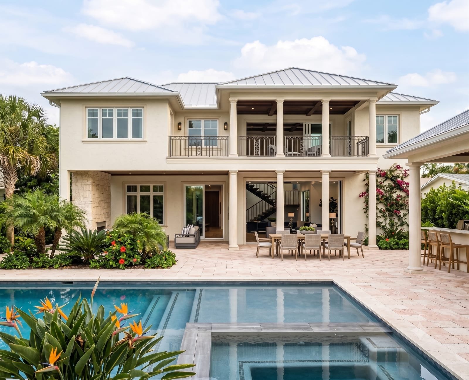 Completed two-story coastal home by Acosta Builders in Anna Maria Island, FL — metal roof, covered lanai, and pool deck