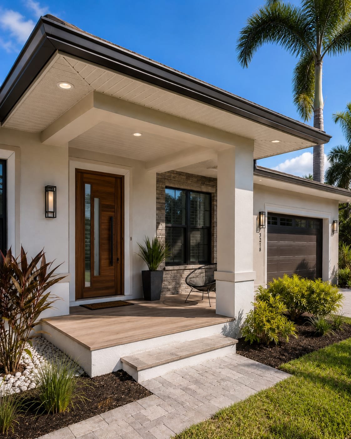 Finished doors and soffit by Acosta Builders — wrapped eaves and a completed entry on a Gulf Coast home