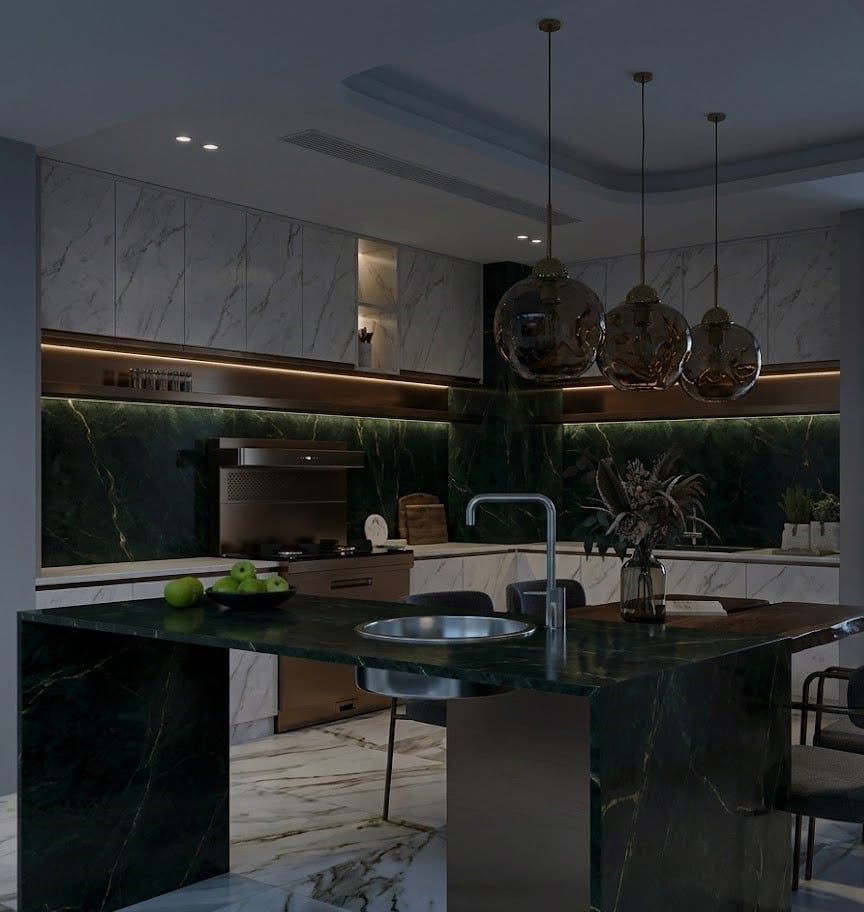 Kitchen remodel by Acosta Builders in Bradenton, FL — marble island, custom cabinetry, and integrated lighting