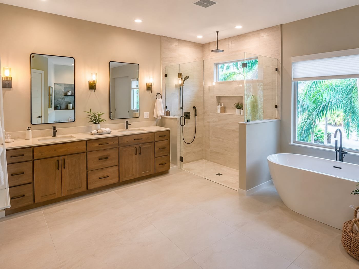 Bathroom renovation by Acosta Builders in Bradenton, FL — curbless walk-in shower with a tiled pan and linear drain, freestanding tub, and double vanity