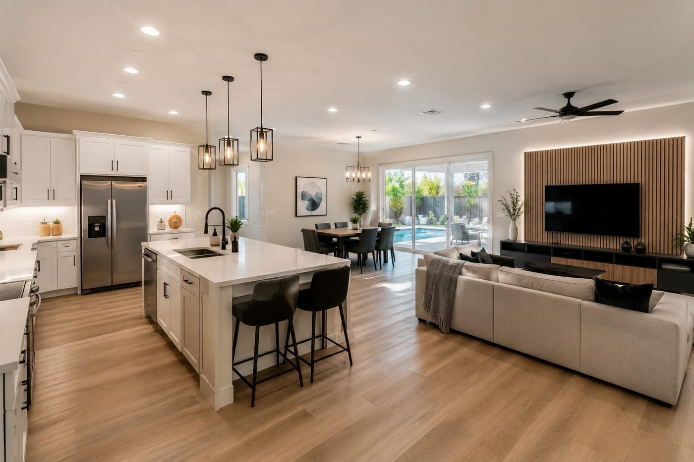 Whole-home remodel by Acosta Builders — open-plan kitchen, dining, and living space opened to the pool through sliding glass
