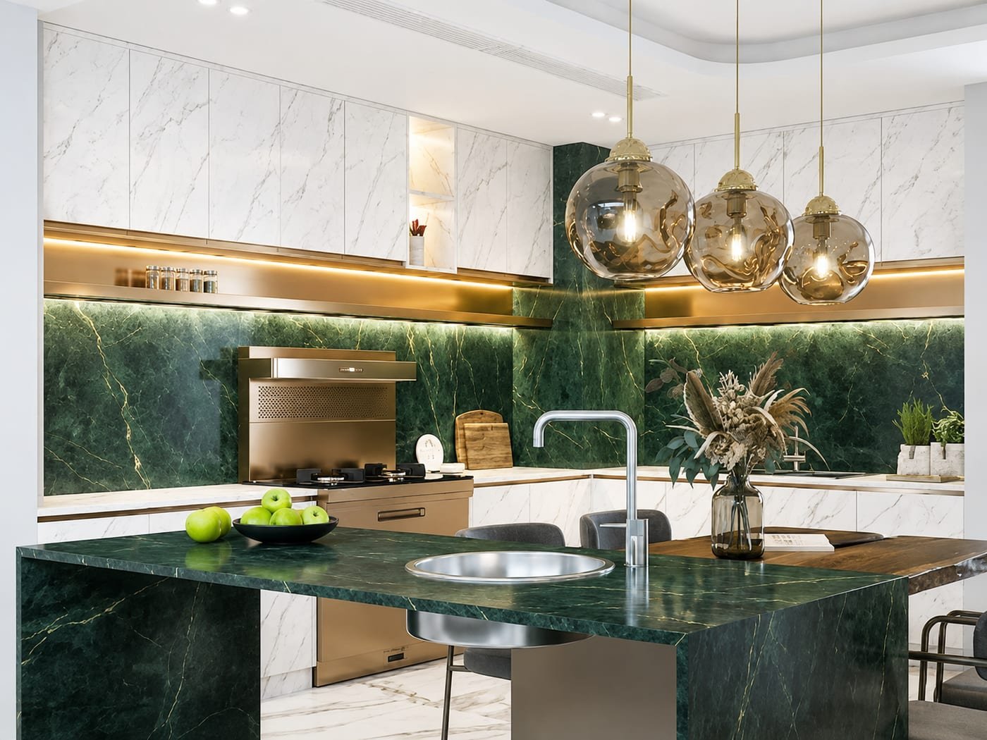 Kitchen remodel by Acosta Builders in Bradenton, FL — green marble island and backsplash, brass-trimmed cabinetry, and integrated task lighting