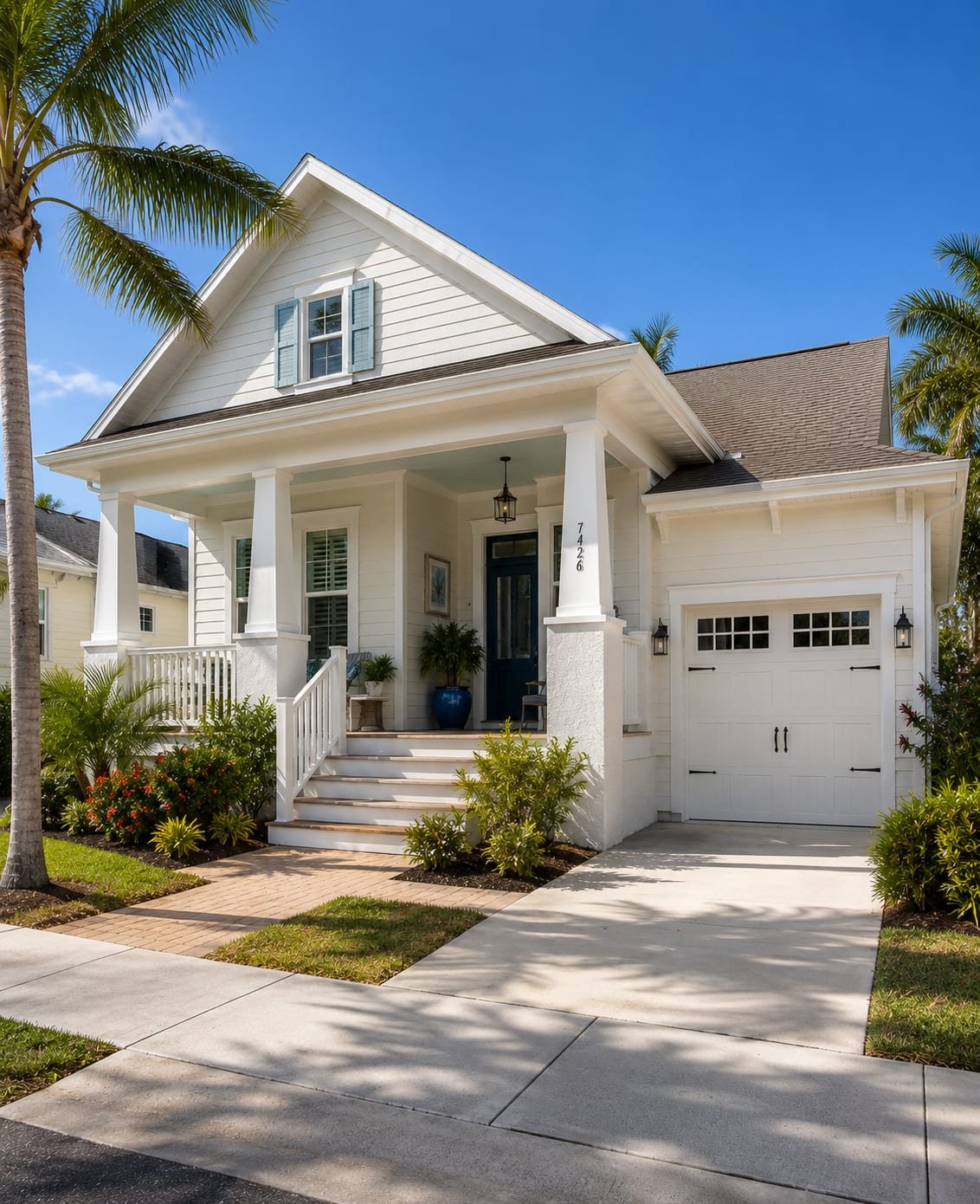 Fascia and rake trim by Acosta Builders — white fascia running the gable and porch roofline of a coastal cottage, with gutter and lap siding below
