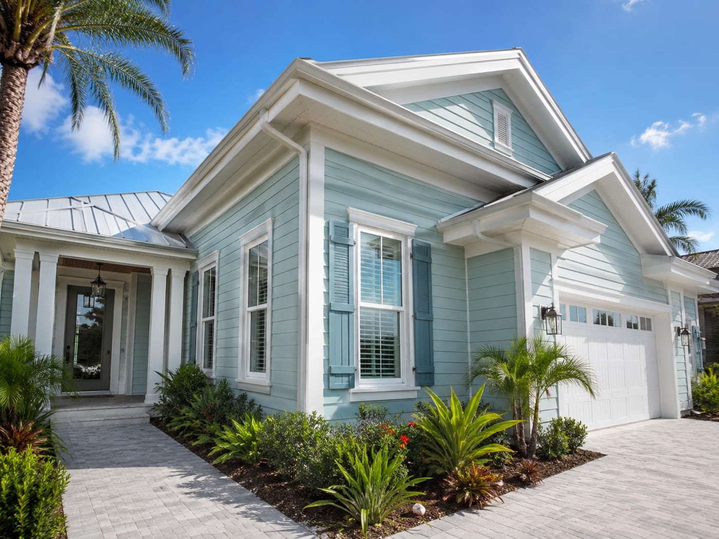 Fascia and siding by Acosta Builders in Bradenton, FL — blue lap siding with white fascia, gable trim, and a standing-seam porch roof