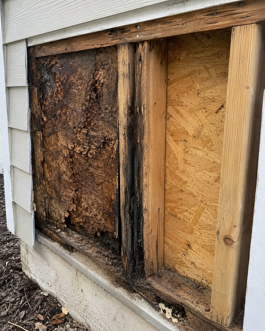 Rot repair by Acosta Builders — siding removed at the base of a wall exposing delaminated black sheathing and a rotted stud beside sound new OSB, with the bottom plate and stem wall opened up for rebuild