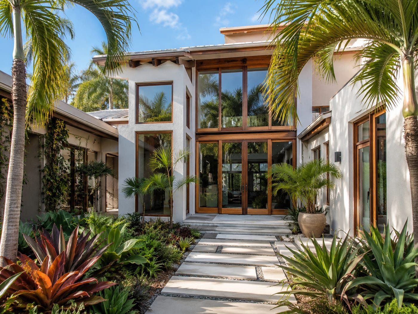 Window installation by Acosta Builders in Bradenton, FL — full-height wood-framed window walls and glazed entry doors on a coastal courtyard elevation