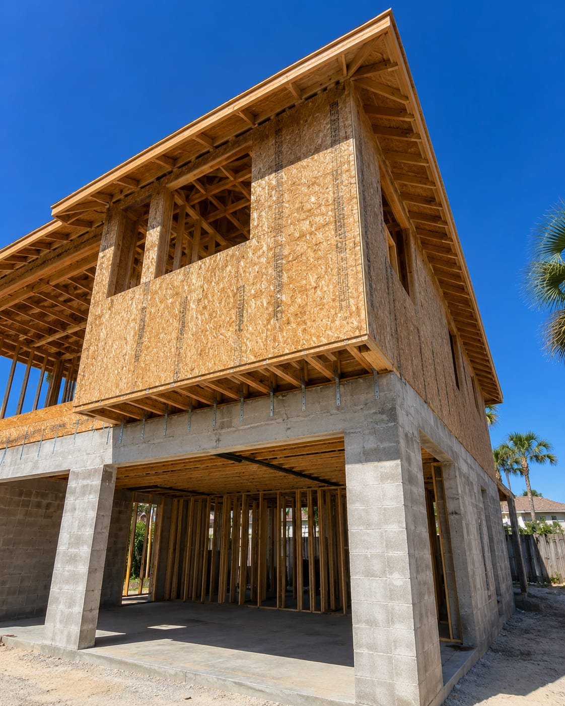 Permitted and inspected construction by Acosta Builders — an elevated Florida build with framed rough openings and strapped connections at the block base