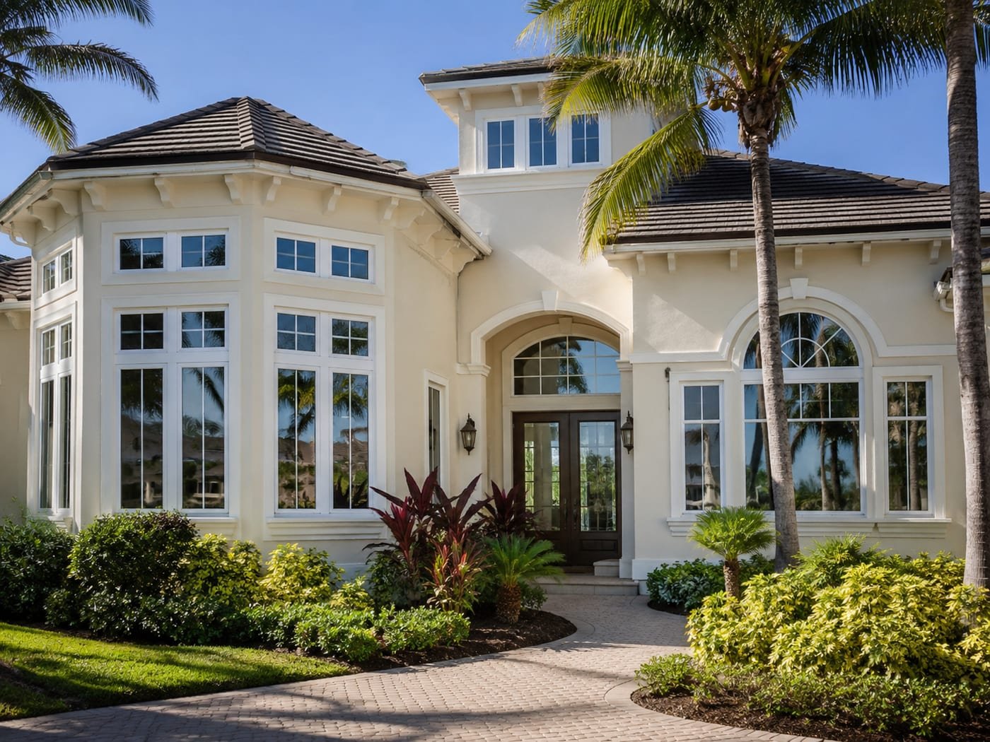 Window replacement by Acosta Builders — a Florida home with units set in trimmed stucco openings